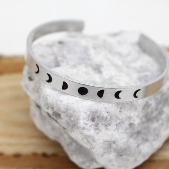 Moon Phases Bangle - Hand Stamped Anodized Aluminum Bangle - Adjustable - Picture 2 of 11